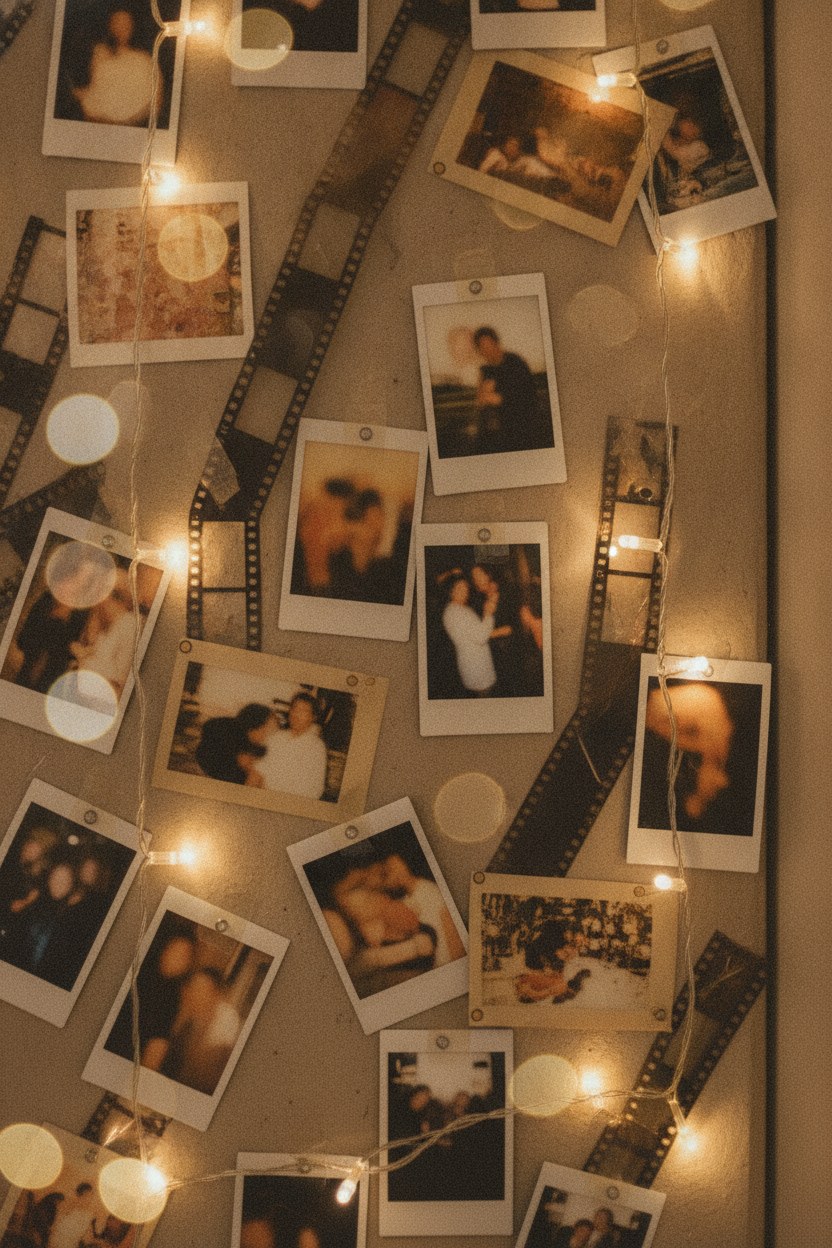 Anı duvarında asılı polaroid fotoğraflar